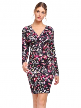 

Black Long Sleeve V-neck Floral Bodycon Dress, Multicolor