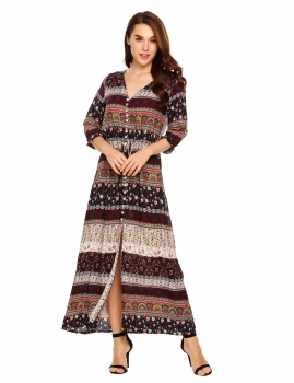 

Brown Bohemian Style Print Drawstring V Neck Maxi Dress, Multicolor