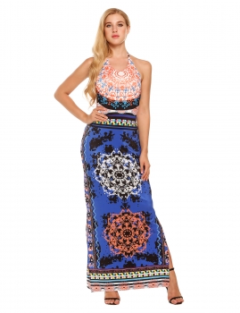 

Dark blue Halter Back Hollow Bohemia Style Side Split Dress, Multicolor