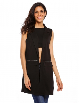 

Black Sleeveless Open Front Zip Pocket Vest Waistcoat, Multicolor