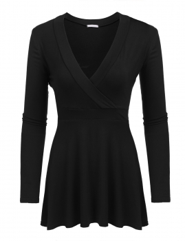 

Black Solid Long Sleeve V-neck Slim Basic Casual Tops, Multicolor