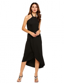 

Black Backless Halter Sleeveless Off-shoudler Asymmetric Wrap Dress, Multicolor