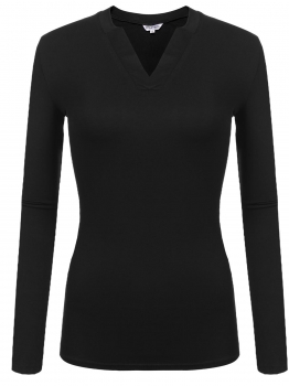 

Black Long Sleeve V-neck Solid Tee Bottoming Slim Tops, Multicolor