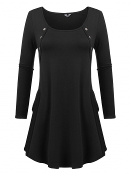 

Black Long Sleeve Tee Shift Mini Loose Front Button Dress, Multicolor