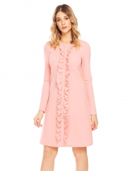 

Pink Women O-Neck Long Sleeve Ruffles Décor Casual Loose Fit A-Line Dress, Multicolor