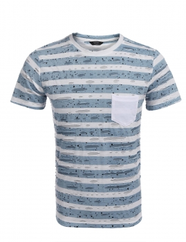 

Blue Men Short Sleeve Striped Hole Loose Casual T-shirt Tops, Multicolor