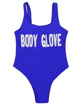 

Dark blue U-Neck Padded Backless Letter Print One Piece Swimsuit, Multicolor