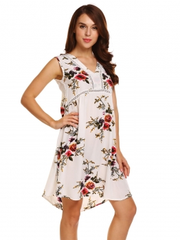 

White V-Neck Sleeveles Floral Hollow Lace Short Dress, Multicolor
