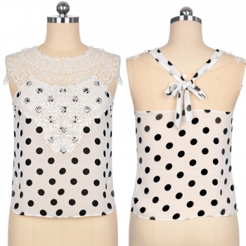 

White Stylish Lady Women's Casual Sexy Transparent High Collar Sleeveless Polka Dot Lace Chiffon Shirts Blouses Tanks & Camis, Multicolor