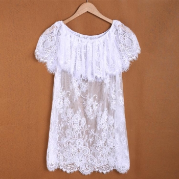 

White New Lady Women's Sexy Off the Shoulder Loose Lace Bikini Cover Up Perspective Dress Tank Tops & Blouses T-Shirts, Multicolor