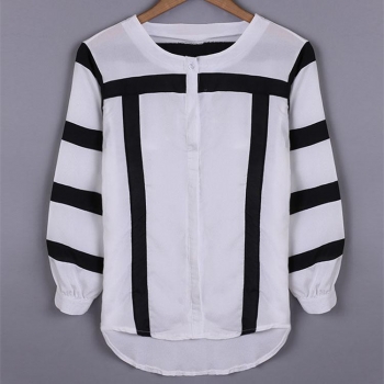 

White New Lady Women Fashion Long Sleeve O-Neck Striped Irregular Loose Chiffon Shirts & Blouses, Multicolor