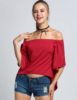 

Fashion Women Off the Shoulder Slash Neck Flare Sleeve Slit Back Blouse Tops, Multicolor