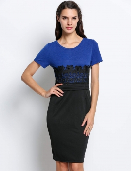 

Blue Cap Sleeve Lace Splicing Pencil Bodycon Work Dress, Multicolor