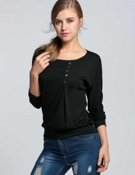 

Black Women's Solid Batwing Sleeve Autumn Winter Warm Base Buttoned Shirt, Multicolor