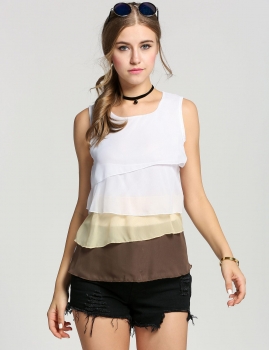 

Brown Korean Women Multi-layered Sleeveless Chiffon Tops Tanks & Camis, Multicolor