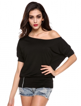 

Black Half Bat Sleeve Cotton Blend Solid Casual Tops, Multicolor