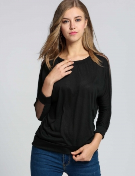 

Black Chiffon Patchwork Illusion Long Sleeve Loose T-Shirt Batwing Tops, Multicolor