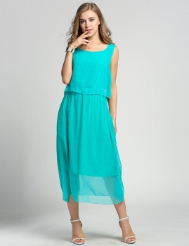 

Green Sleeveless Solid Chiffon Casual Dress, Multicolor