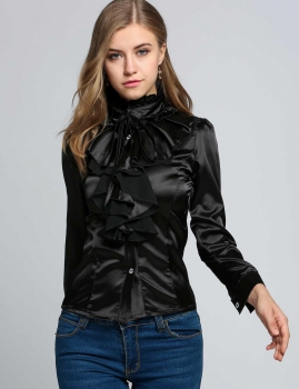 

Black Luxury Flouncing Long Sleeve Stand Collar Tops Ruffle T-shirt Shirts & Blouses, Multicolor