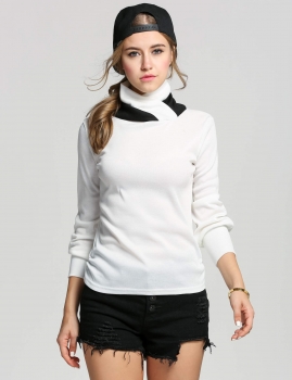 

White Turtle Neck Lantern Long Sleeve Patchwork Fit T-shirts, Multicolor