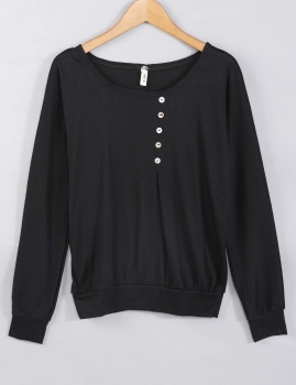 

Black Batwing Long Sleeve Loose Buttoned Casual Tops, Multicolor
