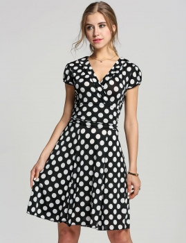 

Black High Waist Slim Short Sleeve V Neck Polka Dot Casual Dress, Multicolor