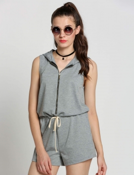 

Dark gray Hooded Sleeveless Casual Drawstring Mini Romper, Multicolor