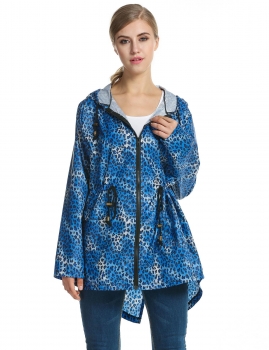 

Blue Leopard Fishtail Waist Drawstring Hooded Long Raincoat, Multicolor