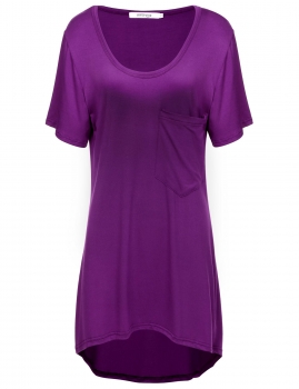

Purple Asymmetric U-Neck Loose Long Top With A Pocket, Multicolor