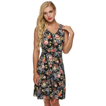 

Black Fit And Floral Sleeveless O Neck Sundress Casual Dress, Multicolor