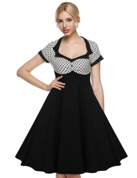 

White On Clearance 1950s Dots Short Sleeve Swing Midi Party Dress, Multicolor