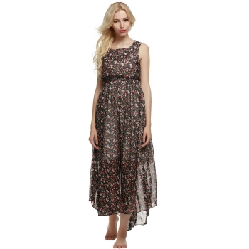 

Black Small Floral ACEVOG Women Sleeveless Summer Beach Party Chiffon Maxi Long Full Casual Dresses, Multicolor