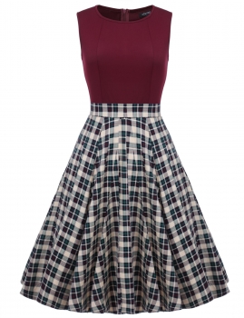 

ACEVOG Dark red Women 1950s Vintage Style Retro Sleeveless Plaid Patchwork A-line Cocktail Midi Party Casual Dresses, Multicolor