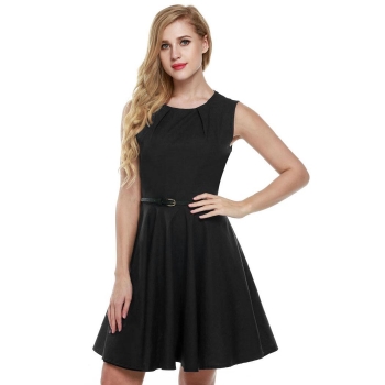 

Black ACEVOG Women Sleeveless Casual Party Mini Pleated With Belt Work Dresses, Multicolor