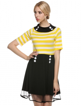 

Yellow ACEVOG Women Vintage Style A-line Short Sleeve Casual Dresses, Multicolor