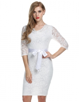 

ACEVOG White Women Lace Floral 3"4 Sleeve Hip Slim Knee Party Dresses, Multicolor