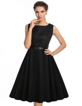 

Black 1950s Sleeveless High Waist Slim Swing Hem Pleated Casual Dress, Multicolor