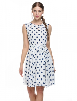 

White Sleeveless Polka Dots Flare Flim Belted Casual Dress, Multicolor