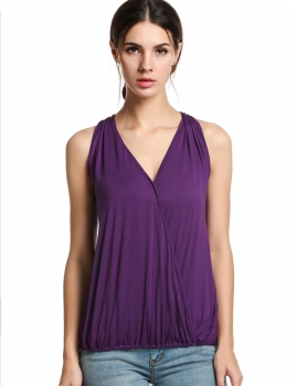 

Purple V-Neck Drape Wrap Elastic Hem Solid Tank Tops, Multicolor