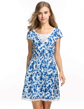 

Blue ACEVOG Women Cap Sleeve Floral Pleated Lace Decor Elastic Waist Slim Mini Casual Dresses, Multicolor