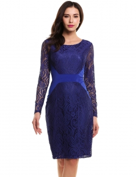 

Blue Vintage Style Crochet Lace Long Sleeve Evening Party Bodycon Pencil Dress, Multicolor