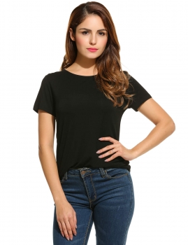 

Black Fashion O-Neck Short Sleeve Solid" Floral Print T-Shirt Tops, Multicolor