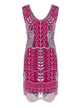 

Women 1920s Vintage Styles Double V Neck Sequined Beading Flapper Tank Pullover Mesh Gatsby Dress with Lining, Multicolor