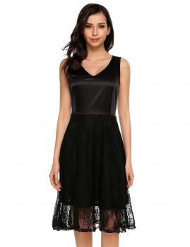

Black V-Neck Sleeveless Lace Patchwork High Waist A-Line Bridesmaid Dress, Multicolor