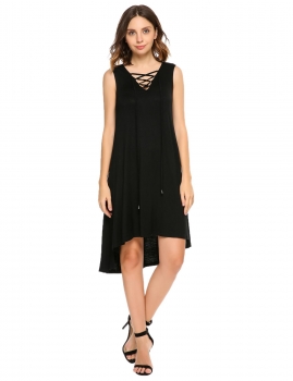 

Black V-Neck Front Lace Up Sleeveless Solid Loose Dress, Multicolor