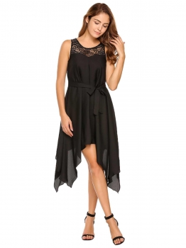 

Black O-Neck Sleeveless Lace Patchwork Asymmetry Dress with Belt, Multicolor