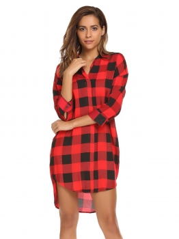 

Red 3"4 Sleeve Plaid V Neck Loose Belted Shirt Dress, Multicolor