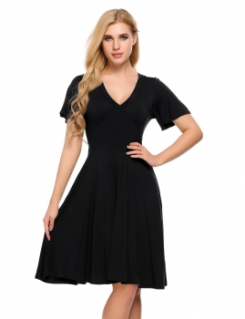 

Black Short Sleeve Solid V Neck Casual A-Line Dress, Multicolor