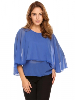 

Blue O-Neck 3"4 Sleeve Solid Loose Chiffon Blouse, Multicolor