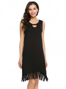 

Black Keyhole Sleeveless Cut-out Back Solid Fringe Dress, Multicolor